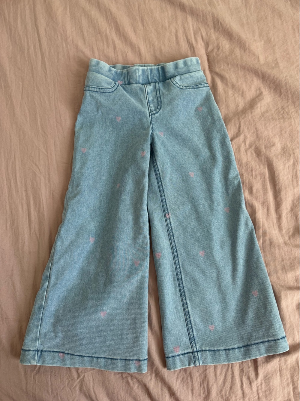 H&M Light Blue Wide-Leg Jeans with Pink Heart Print